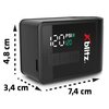 Czarna pompka elektryczna z wyświetlaczem pokazującym "120 PSI" oraz przyciskami plus, minus i włączania. Obok widoczne są wymiary: 4,8 cm, 3,4 cm i 7,4 cm, a na obudowie znajduje się logo "xblitz".