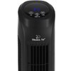 Czarny wentylator wieżowy z widocznym panelem sterowania, na którym znajdują się przyciski oznaczone jako OSC, POWER/FAN i TIMER oraz niebieski wyświetlacz z napisem "F1". Poniżej panelu widoczne jest logo "Mission Air" z grafiką przedstawiającą księżyc i