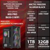 Na zdjęciu znajduje się komputer z podświetleniem RGB oraz szczegółowa specyfikacja techniczna, w tym karta graficzna SAPPHIRE AMD RADEON PULSE RX 7700XT GAMING 12GB, płyta główna MSI PRO B650-S WIFI, procesor AMD 7500F, chłodzenie ARCTIC FREEZER 36 ARGB 