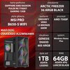 Na zdjęciu znajduje się komputer z obudową z podświetleniem, a obok niego widnieje lista specyfikacji: karta graficzna SAPPHIRE AMD RADEON PULSE RX 7700XT GAMING 12GB, płyta główna MSI PRO B650-S WIFI, chłodzenie ARCTIC FREEZER 36 ARGB BLACK, zasilanie EN