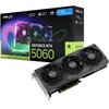 Na zdjęciu znajduje się karta graficzna z trzema wentylatorami oraz jej opakowanie z napisem "PNY GeForce RTX 5060". Na opakowaniu widoczne są także oznaczenia "EPIC-X RGB", "STEALTH MODE", "8GB GDDR7", "OC OVERCLOCKED", a także logo NVIDIA.