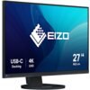 Monitor z logo "EIZO" na ekranie, z informacjami: "USB-C Docking", "4K UHD", "27” 68,5 cm". Tło ekranu jest w odcieniach niebieskiego z abstrakcyjnym wzorem.