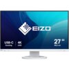 Monitor z białą ramką i podstawą, na ekranie widoczne logo "EIZO" oraz napisy: "USB-C Docking", "4K UHD", "27" 68,5 cm". Tło ekranu jest w odcieniach niebieskiego z abstrakcyjnym wzorem.