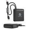 Czarny powerbank z logo "PowerLocus" i wyświetlaczem pokazującym "100%". Obok znajduje się kabel z końcówkami USB-C i Lightning oraz złączka.