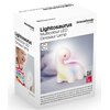 Białe opakowanie z napisem "Lightosaurus Multicolour LED Dinosaur Lamp" oraz logo "InnovaGoods Gadget Kids". Na opakowaniu znajduje się zdjęcie lampki w kształcie dinozaura emitującej kolorowe światło oraz zdjęcie uśmiechniętego dziecka trzymającego lampk