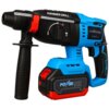 Na zdjęciu znajduje się niebiesko-czarny młotowiertarka z czerwonymi akcentami, z widocznym napisem "HAMMER DRILL" oraz logo "POWERLINK by Extralink". Urządzenie posiada czarny uchwyt z teksturą oraz pokrętło z oznaczeniami trybów pracy.