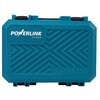 Niebieska walizka z tworzywa sztucznego z wyraźnym wzorem geometrycznym na powierzchni. Na walizce widoczne są napisy: "POWERLINK by Extralink" oraz "BRUSHLESS".