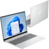 Na zdjęciu widoczny jest srebrny laptop z otwartym ekranem, na którym wyświetlany jest interfejs systemu Windows 11. Obok znajduje się widok tylnej części laptopa z logo "hp" na obudowie.