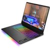 Przedstawiony jest laptop z kolorową klawiaturą podświetlaną w stylu RGB. Na ekranie widoczna jest dynamiczna scena z gry komputerowej, a na obudowie znajduje się logo "OMEN".
