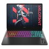 Laptop z kolorową klawiaturą podświetlaną, na ekranie widoczna jest postać z gry oraz napis "VALORANT". Na obudowie znajduje się logo "OMEN".