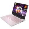 Różowy laptop z otwartym ekranem, na którym wyświetlana jest dynamiczna scena z gry wideo z napisami "GAME PASS" i "HI-FI RUSH". Klawiatura jest pełnowymiarowa, a obudowa zawiera kilka portów po boku.