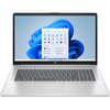 Na zdjęciu widoczny jest laptop z dużym ekranem, na którym wyświetlony jest interfejs systemu Windows 11 z menu Start. Klawiatura jest pełnowymiarowa, a na obudowie znajduje się logo HP.