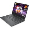 Czarny laptop z widocznym ekranem, na którym wyświetlana jest dynamiczna scena z gry wideo, z napisami "GAME PASS" i "HI-FI RUSH". Klawiatura jest pełnowymiarowa, a obudowa ma nowoczesny design.