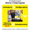Na zdjęciu widoczny jest laptop z otwartą stroną internetową, otoczony przez trzy osoby w sklepie, z tekstem: "W Media Expert dbamy o Twoją wygodę! Instalujemy > Konfigurujemy, Odbieramy zużyty sprzęt GRATIS! < Zabezpieczamy". Na dole znajduje się napis: 