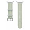 Jasnozielony pasek do zegarka z teksturą w postaci poziomych linii i subtelnych wzorów, posiada metalowe zapięcie oraz regulowane otwory. Produkt przeznaczony jest do zegarków Galaxy Watch 8/8 Classic, dostępny w rozmiarze M/L.