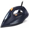 Ciemnoniebieskie żelazko z pomarańczowymi elementami, z widocznym napisem "PHILIPS Azur 7000 Series" na boku. Urządzenie ma ergonomiczny uchwyt i wyraźnie zaznaczone pokrętło regulacji temperatury.
