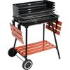 Grill węglowy z metalowym rusztem i drewnianymi półkami, wyposażony w dwa kółka ułatwiające transport. Produkt oznaczony jako "Grill węglowy LUND 99911 53 x 33 cm".