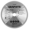 Srebrna tarcza do cięcia z widocznymi zębami, oznaczona jako GRAPHITE 57T236, o średnicy 250 mm i otworze 30 mm. Na tarczy znajdują się piktogramy oraz napisy: "ALUMINIUM", "TCT", "CLEAN CUT", "EN 847-1", "Tarcza do pilarki", "Circular saw blade", "Диск п