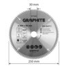 Srebrna tarcza do cięcia z oznaczeniami: "GRAPHITE", "57T236", "Ø 250 x 30 mm", "EN 847-1", oraz piktogramami wskazującymi na użycie do aluminium, TCT, maksymalną prędkość 7000 min⁻¹, i czyste cięcie. Na dole widnieje adres "graphite.pl" oraz numer "356.1