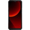 Smartfon z dużym ekranem, na którym widoczna jest abstrakcyjna grafika w odcieniach czerwieni i czerni. Obudowa urządzenia jest solidna, z widocznymi elementami w kolorze pomarańczowym.