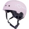Różowy kask dziecięcy z napisem "I ♥ my bike" oraz zapięciem na paski i lampką z tyłu. Kask ma otwory wentylacyjne i wyściółkę wewnętrzną.