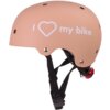 Morelowy kask z napisem "I ♥ my bike" posiada czarne paski z zapięciem oraz czerwoną lampkę z tyłu. Kask ma kilka otworów wentylacyjnych i metalowe nity.