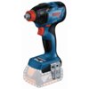 Na zdjęciu znajduje się niebiesko-czarny klucz udarowy z czerwonymi i srebrnymi elementami, z widocznym logo "BOSCH Professional GDX 18V-210 C". Produkt ma ergonomiczny uchwyt i miejsce na akumulator, który jest zaznaczony przerywaną linią.