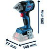 Na zdjęciu znajduje się niebieska zakrętarka udarowa z czerwonym przyciskiem, oznaczona logo "BOSCH Professional" oraz modelem "GDS 18V-330 HC". Obok narzędzia widoczne są wymiary: 205 mm wysokości, 145 mm długości i 77 mm szerokości.
