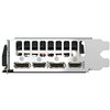 Karta graficzna przedstawia panel złączy z czterema portami: dwoma DisplayPort i dwoma HDMI. Na metalowej osłonie widoczne są otwory wentylacyjne oraz oznaczenia portów: "DP" i "HDMI".