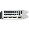 Na zdjęciu widoczny jest tylny panel karty graficznej z metalową osłoną, na której znajdują się otwory wentylacyjne oraz cztery porty: dwa DisplayPort oznaczone jako "DP" i dwa HDMI oznaczone jako "HDMI". Panel ma srebrny kolor, a porty są rozmieszczone w