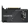 Czarna karta graficzna z widocznymi napisami "GIGABYTE" i "GEFORCE RTX" oraz elementami konstrukcyjnymi, takimi jak śruby i wentylator. Na górze znajduje się złącze PCIe.
