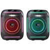 Czarny głośnik Power audio DEFENDER Boomber 65 Karaoke z widocznym panelem sterowania, na którym znajduje się duży, podświetlany przycisk oraz kilka mniejszych przycisków funkcyjnych. Na wyświetlaczu LED widoczny jest napis "BLUE BT", a w specjalnym uchwy