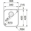 Schemat techniczny zlewozmywaka jednokomorowego z wymiarami: szerokość 368 mm, długość 428 mm, promień zaokrąglenia R70 i R84, oraz otwór o średnicy 340 mm. Dodatkowo widoczne są oznaczenia 400 mm i 14 mm.