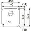 Schemat zlewozmywaka jednokomorowego z wymiarami: 428 mm x 428 mm, z wewnętrznym wymiarem 400 mm x 400 mm, promieniem narożników R70 i R84 oraz otworem na baterię. Dodatkowo oznaczenie "(14)" wskazuje na odległość od krawędzi.