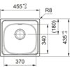 Schemat techniczny zlewozmywaka jednokomorowego z wymiarami: szerokość 455 mm, głębokość 435 mm, szerokość komory 370 mm, głębokość komory 340 mm, promień narożnika R8, głębokość komory 180 mm.