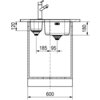 Schemat techniczny przedstawia zlewozmywak półtorakomorowy z baterią, z wymiarami: 120 mm, 180 mm, 185 mm, 95 mm oraz 600 mm. Widoczne są szczegóły konstrukcyjne, takie jak głębokość komór i rozmieszczenie odpływów.