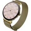 Złoty smartwatch z metalową bransoletą typu mesh, na tarczy widoczne są wskazówki, logo "GARETT", poziom naładowania baterii 92%, data "fri 11" oraz liczba kroków "25822". Tło tarczy ma geometryczny wzór w odcieniach różu.