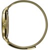 Złoty smartwatch z metalową bransoletą typu mesh, widoczny z boku, z okrągłą kopertą i przyciskiem na obudowie. Na tarczy zegarka brak widocznych elementów lub tekstu.