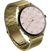 Złoty stalowy smartwatch z okrągłą tarczą, na której widnieje logo "GARETT" oraz wskaźniki: poziom naładowania baterii 92% i liczba kroków 25822. Tarcza ma geometryczny wzór, a bransoleta jest metalowa z zapięciem.