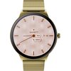 Złoty smartwatch z metalową bransoletą, na tarczy widoczne są wskazówki, logo "GARETT", poziom naładowania baterii 92%, data "fri 11" oraz liczba kroków 25822. Tło tarczy ma geometryczny wzór w odcieniach różu.