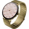 Złoty smartwatch z metalową bransoletą, na tarczy widoczne są wskazówki, logo "GARETT", poziom naładowania 92%, data "fri 11" oraz liczba kroków "25822". Tło tarczy ma geometryczny wzór.