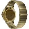Złoty stalowy smartwatch z metalową bransoletą, widoczny od tyłu, z napisem "GARETT Verona 2" oraz oznaczeniami CE i informacjami o funkcjach, takimi jak "AMOLED SCREEN", "TOUCH GLASS", "BLUETOOTH CALLING", "HEALTH MEASUREMENTS". Na zapięciu bransolety zn