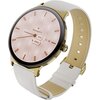 Złoty smartwatch z białym paskiem, na tarczy widoczne są wskazówki, logo "GARETT", poziom naładowania baterii 92%, data "fri 11" oraz liczba kroków "25822". Tło tarczy ma geometryczny wzór.