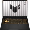 Laptop z otwartym ekranem, na którym widoczne jest logo w kształcie litery "V" oraz napisy "TUF" i "STAY TOUGH". Klawiatura podświetlona na żółto z wyróżnionymi klawiszami WSAD.