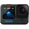 Czarna kamera sportowa z wyświetlaczem pokazującym obraz jaskini z wodą oraz czas nagrania "00:12". Na obudowie widoczne jest logo "GoPro".
