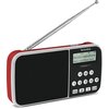 Czerwone radio cyfrowe z dużym głośnikiem po jednej stronie i wyświetlaczem LCD po drugiej, na którym widnieje tekst: "DAB+ Deutschlandfunk Alles von Relevanz". Pod wyświetlaczem znajdują się przyciski z oznaczeniami: "OK", strzałki, numery od 1 do 4, "P"