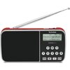 Czerwone radio cyfrowe z dużym głośnikiem po jednej stronie i wyświetlaczem oraz przyciskami po drugiej. Na wyświetlaczu widnieje tekst: "DAB+ Deutschlandfunk Alles von Relevanz", a poniżej znajduje się logo "TechniSat" oraz napis "TECHNIRADIO RDR XL".