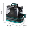 Czarny odkurzacz z przezroczystymi elementami i turkusowymi akcentami, z widocznym logo "Tefal Clean It" na przedniej części. Wymiary urządzenia to 33 cm wysokości, 31,4 cm szerokości i 18 cm głębokości, a wokół podstawy owinięty jest elastyczny wąż.