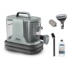 Odkurzacz TEFAL IZ3020F0 Clean It Compact z widocznym przezroczystym pojemnikiem i szarym wężem, obok znajdują się akcesoria: szczotka, filtr, wąska końcówka oraz butelka płynu czyszczącego z napisem "Rowenta Tefal". Na odkurzaczu widoczne jest logo "Tefal Clean It Compact".