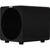 Czarny subwoofer o prostokątnym kształcie z okrągłą maskownicą na przedniej części. Na górze widoczne jest logo z napisem "Velodyne".